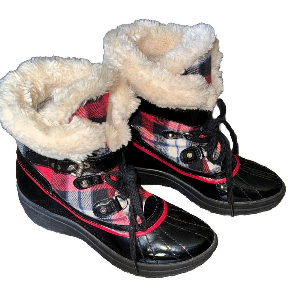 Anne Klein AK Sport Waterproof Duck Boots Plaid Red Black Gallup Women's 8M